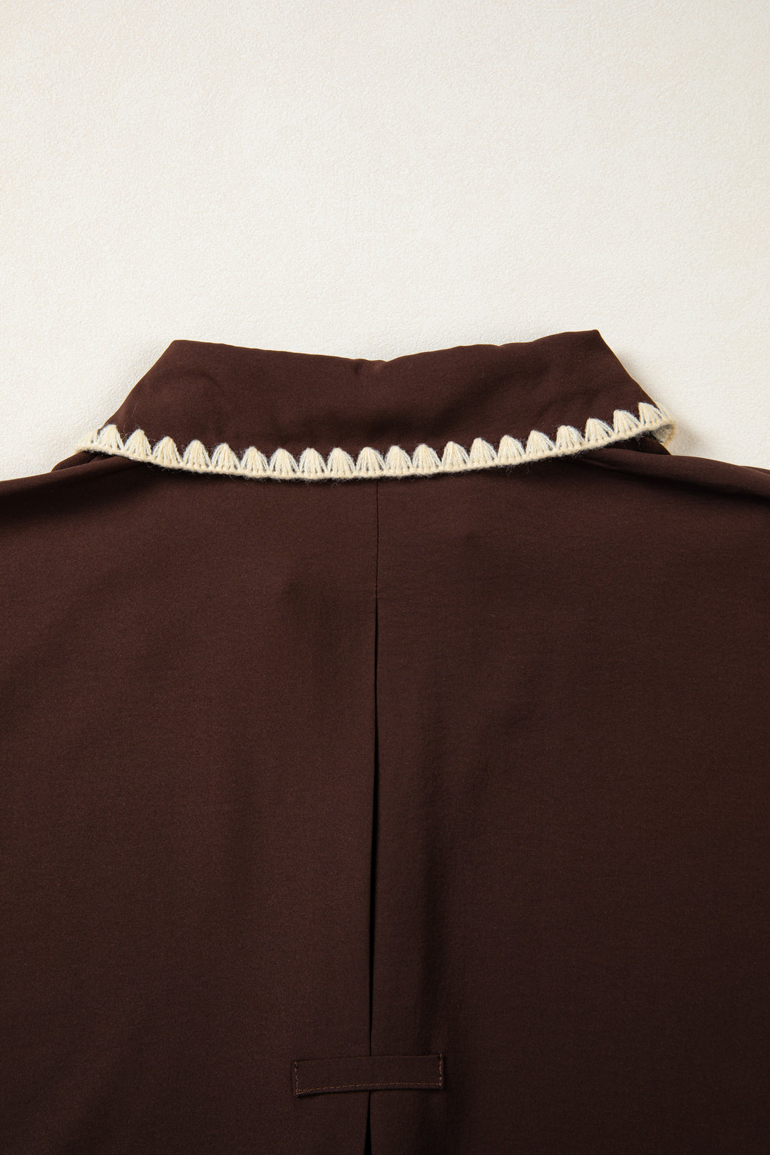 Coffee Shirt Collar Contrast Trim Button V Neck Short Sleeve Blouse