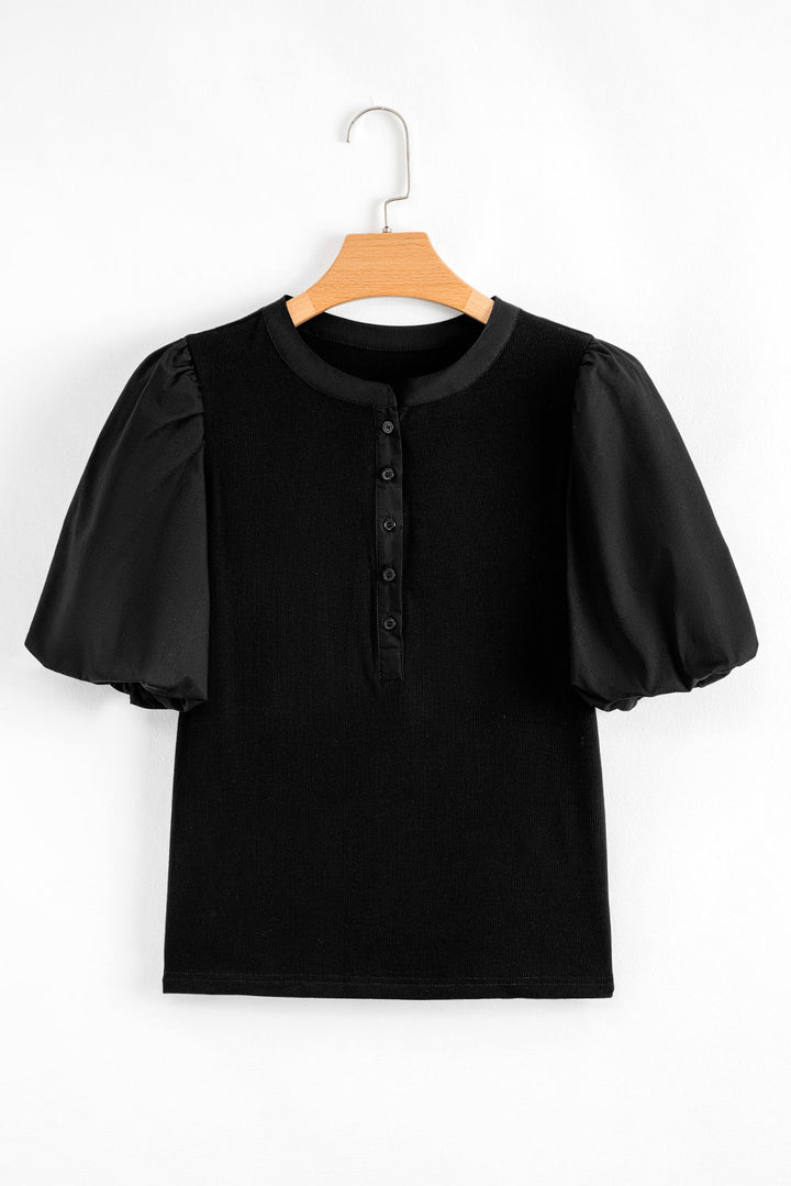 ribbed patchwork puff sleeve half button placket slim fit top