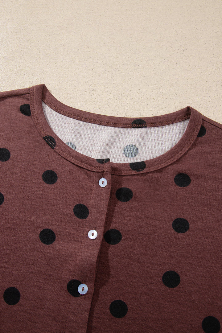 Brown Polka Dot Button Front Long Sleeve Casual Shirt