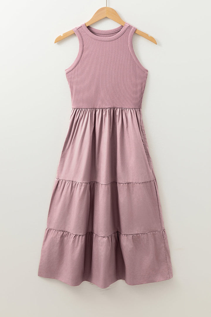 Ribbed Vest Patchwork Tiered Midi Dress with Pockets