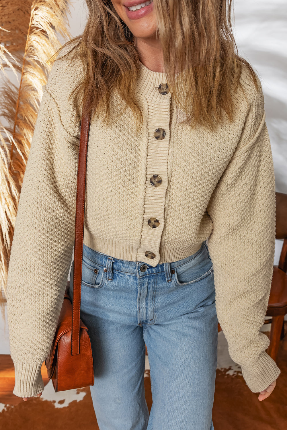 Button Front Cropped Cardigan Sweater