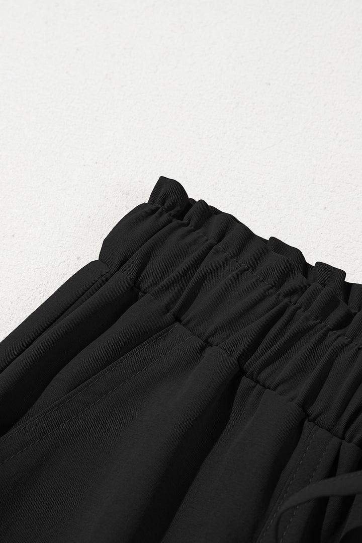 Black Solid Color Drawstring Elastic Waist Casual Loose Pants