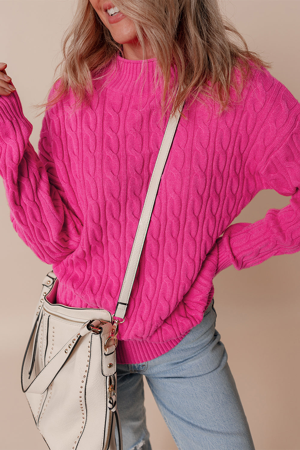 Solid Cable Knit High Neck Drop Shoulder Sweater