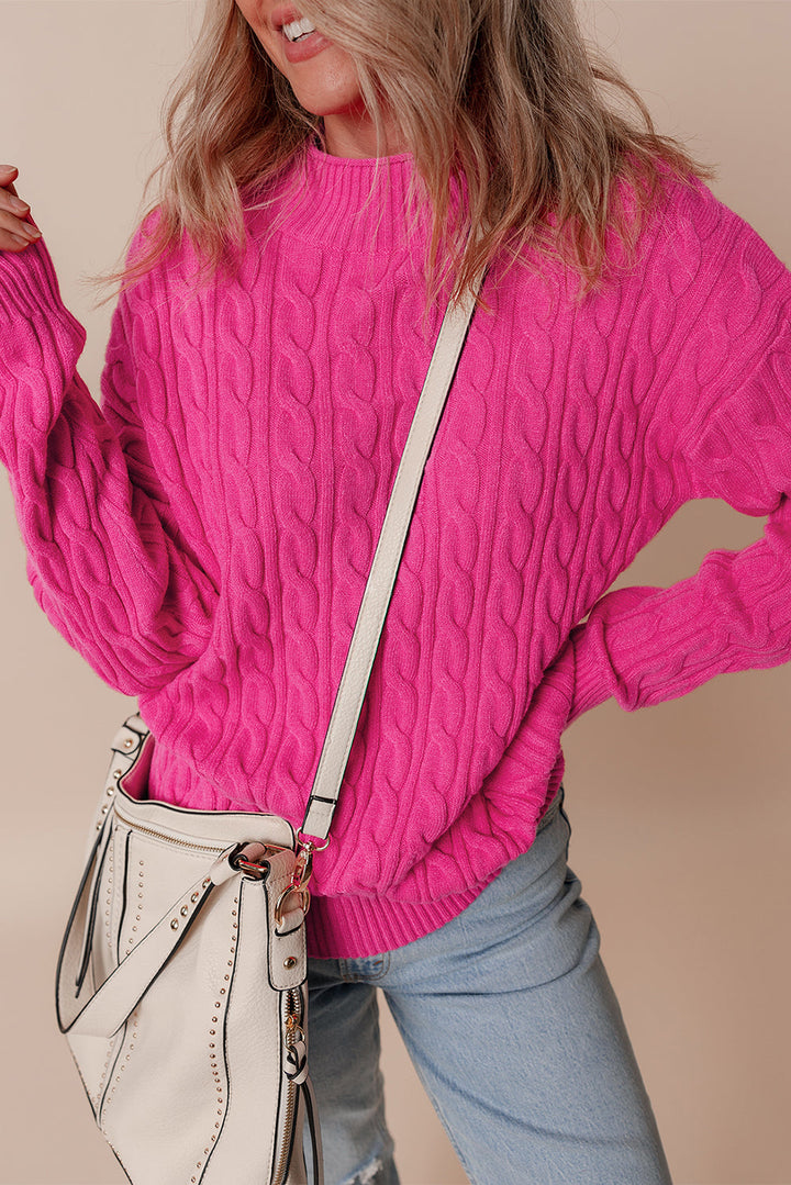 Solid Cable Knit High Neck Drop Shoulder Sweater