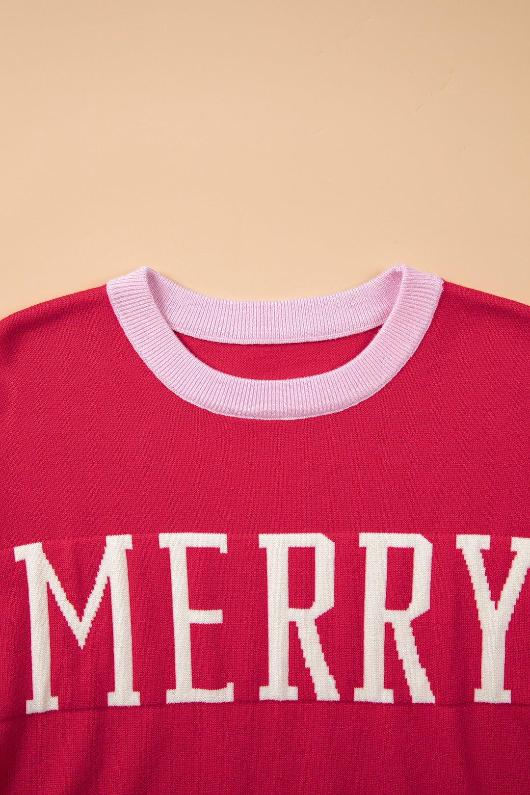 Red Round Neck Letter Print Colorblock Sweater