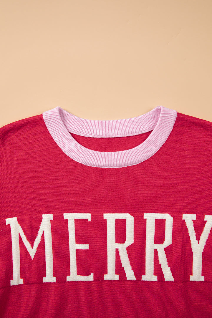 Red Round Neck Letter Print Colorblock Sweater