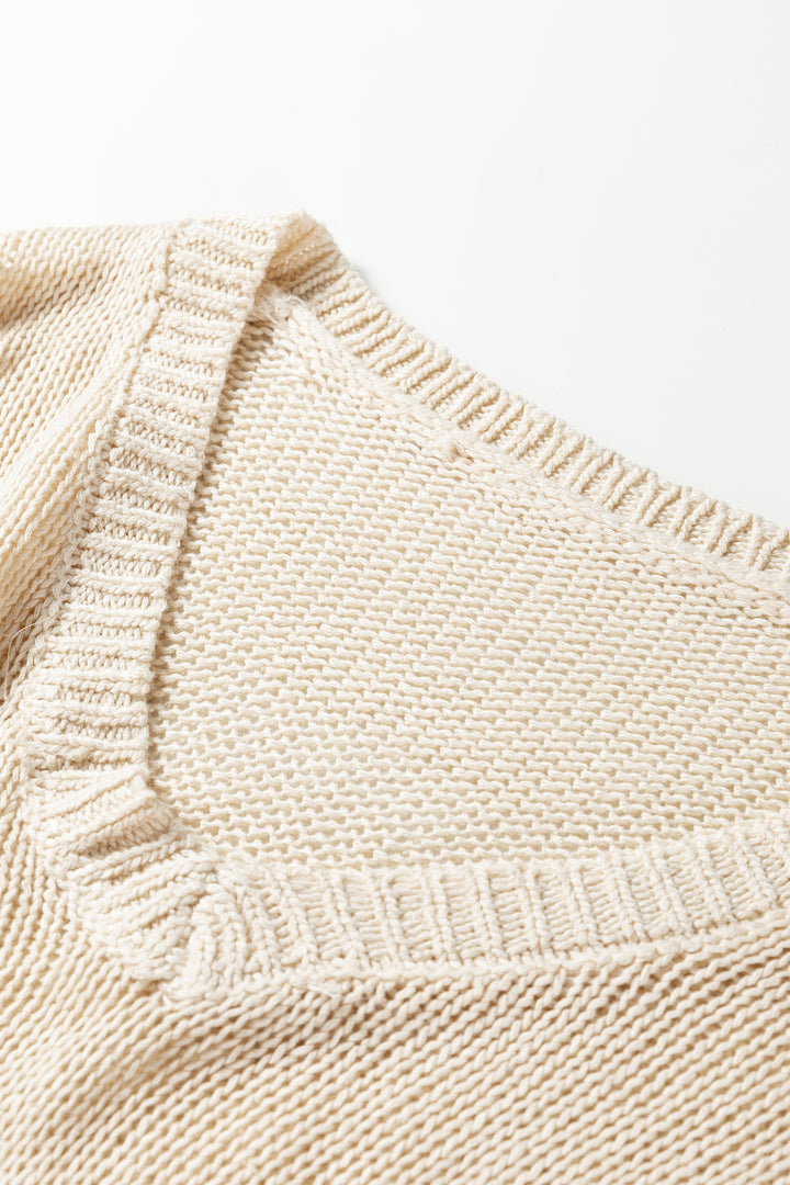 Jet Stream Solid V Neck Pointelle Knit Sleeve Patchwork Sweater