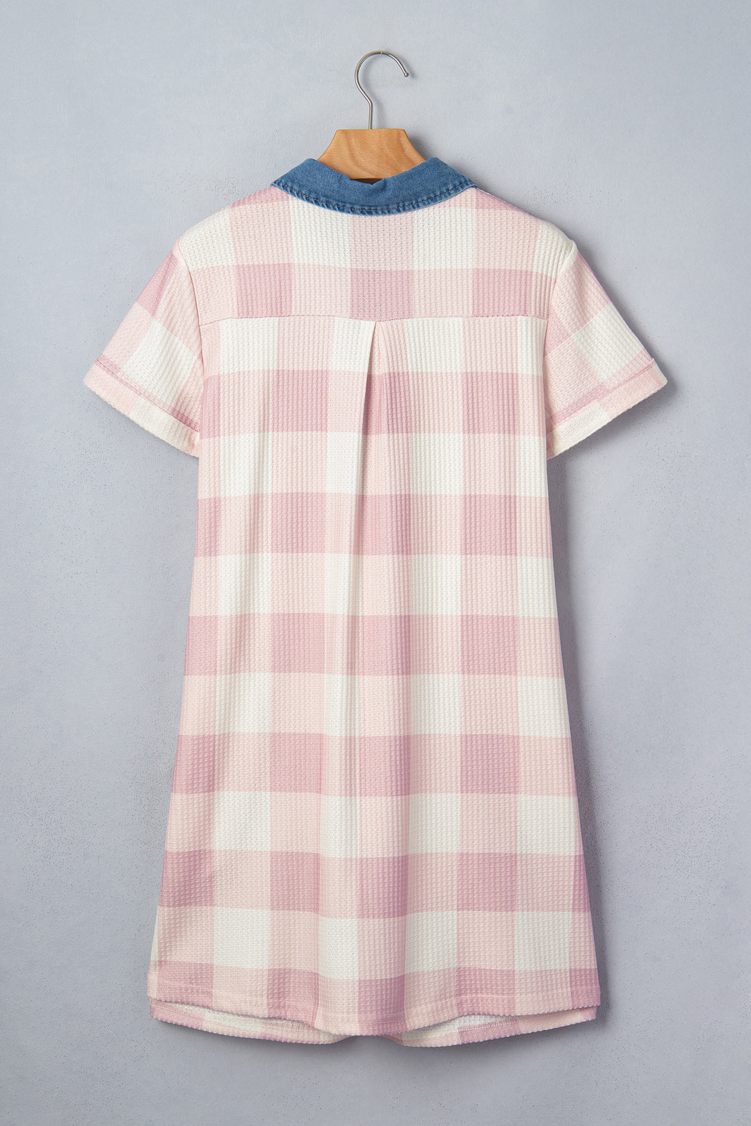Pink Waffle Plaid Print Contrast Denim Shirt Collar T Shirt Mini Dress