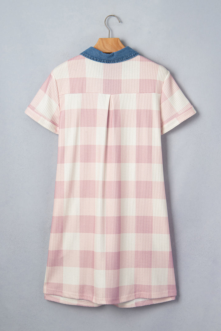 Pink Waffle Plaid Print Contrast Denim Shirt Collar T Shirt Mini Dress