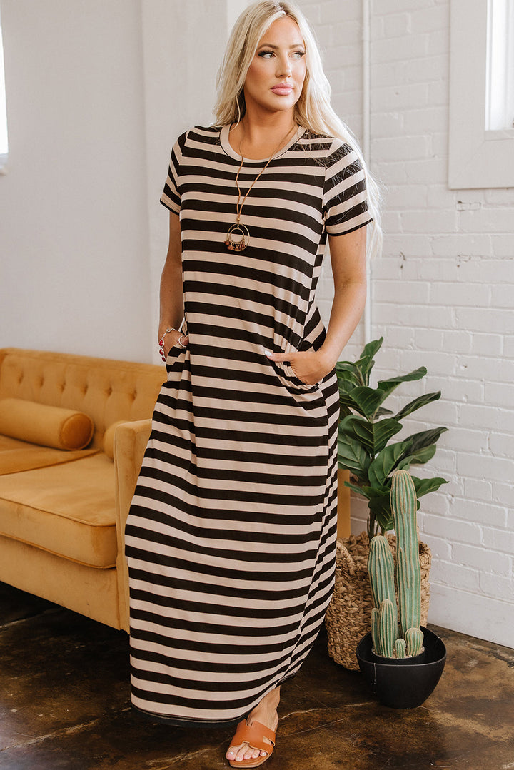 casual round neck t shirt maxi dress with pockets