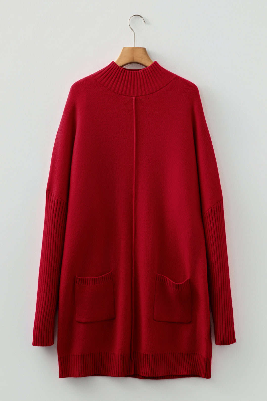 Ribbed High Neck Front Pockets Center Seam Shift Sweater Dress