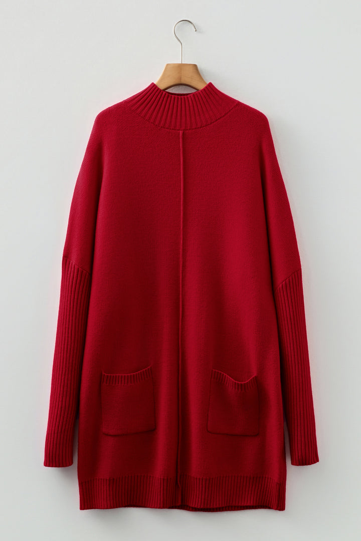 Ribbed High Neck Front Pockets Center Seam Shift Sweater Dress