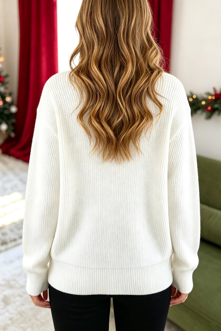 Casual White Christmas Wreath Pattern Round Neck Sweater