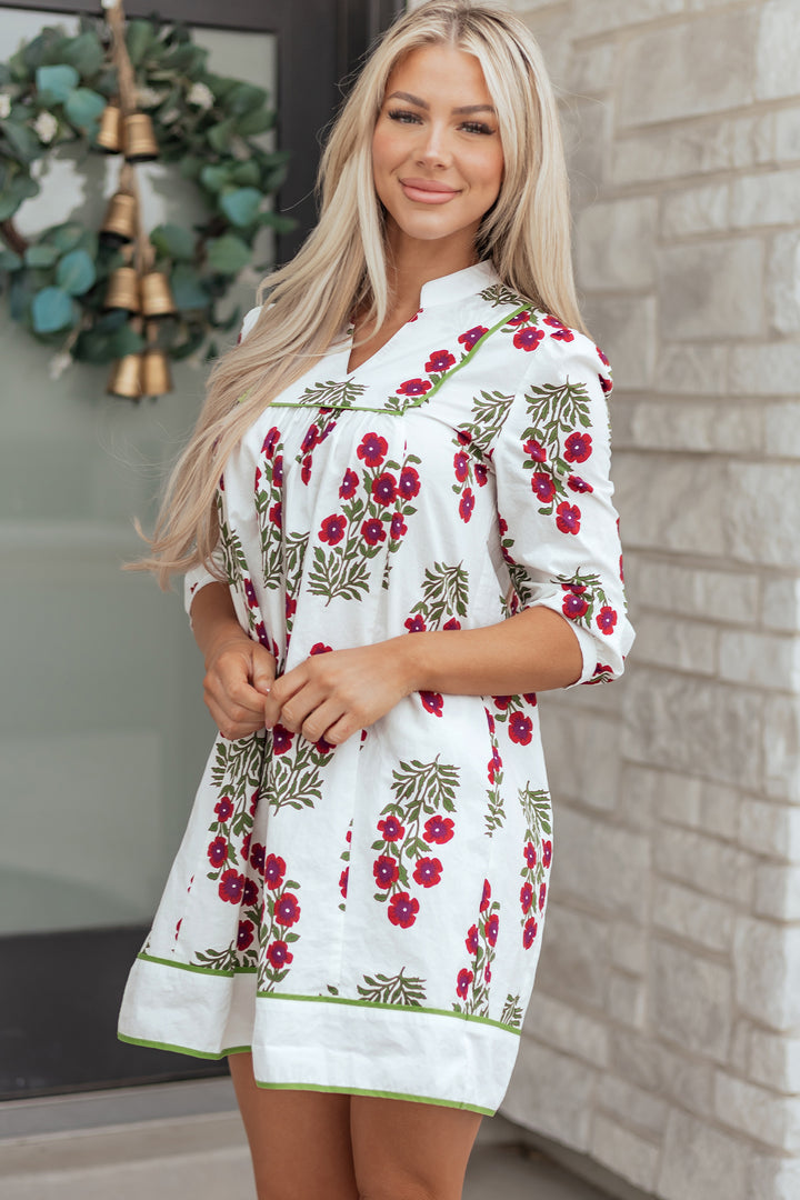 Frilled V Neck 3/4 Sleeve Loose Floral Dress