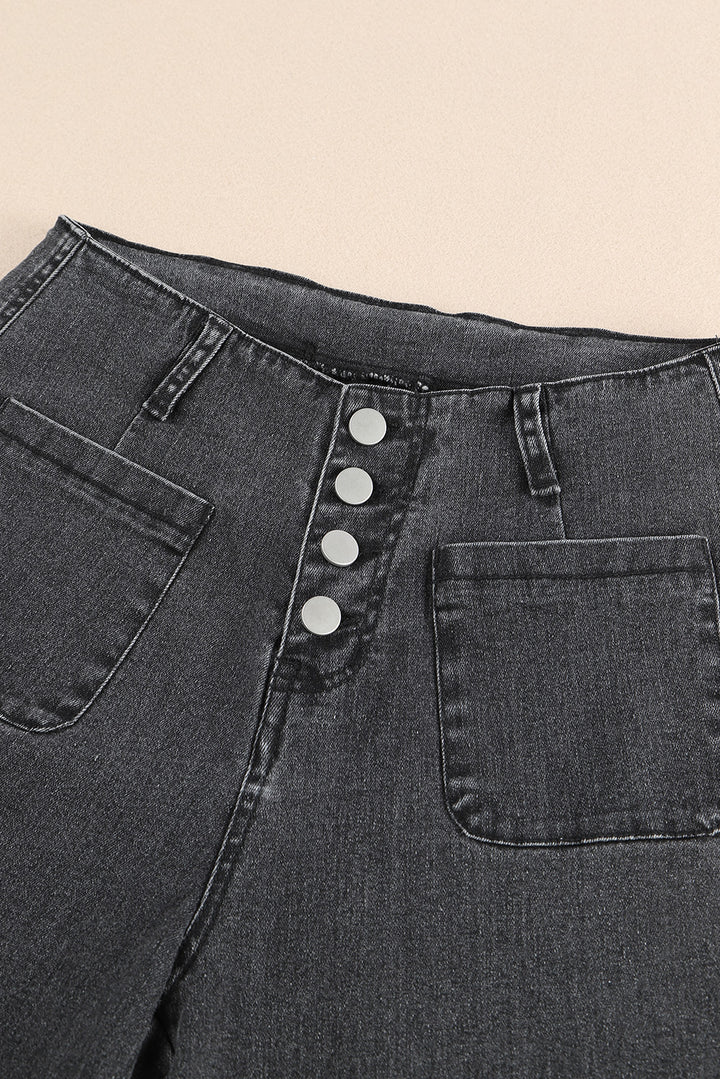 Gray High Waist Button Front Wide Leg Cropped Jeans