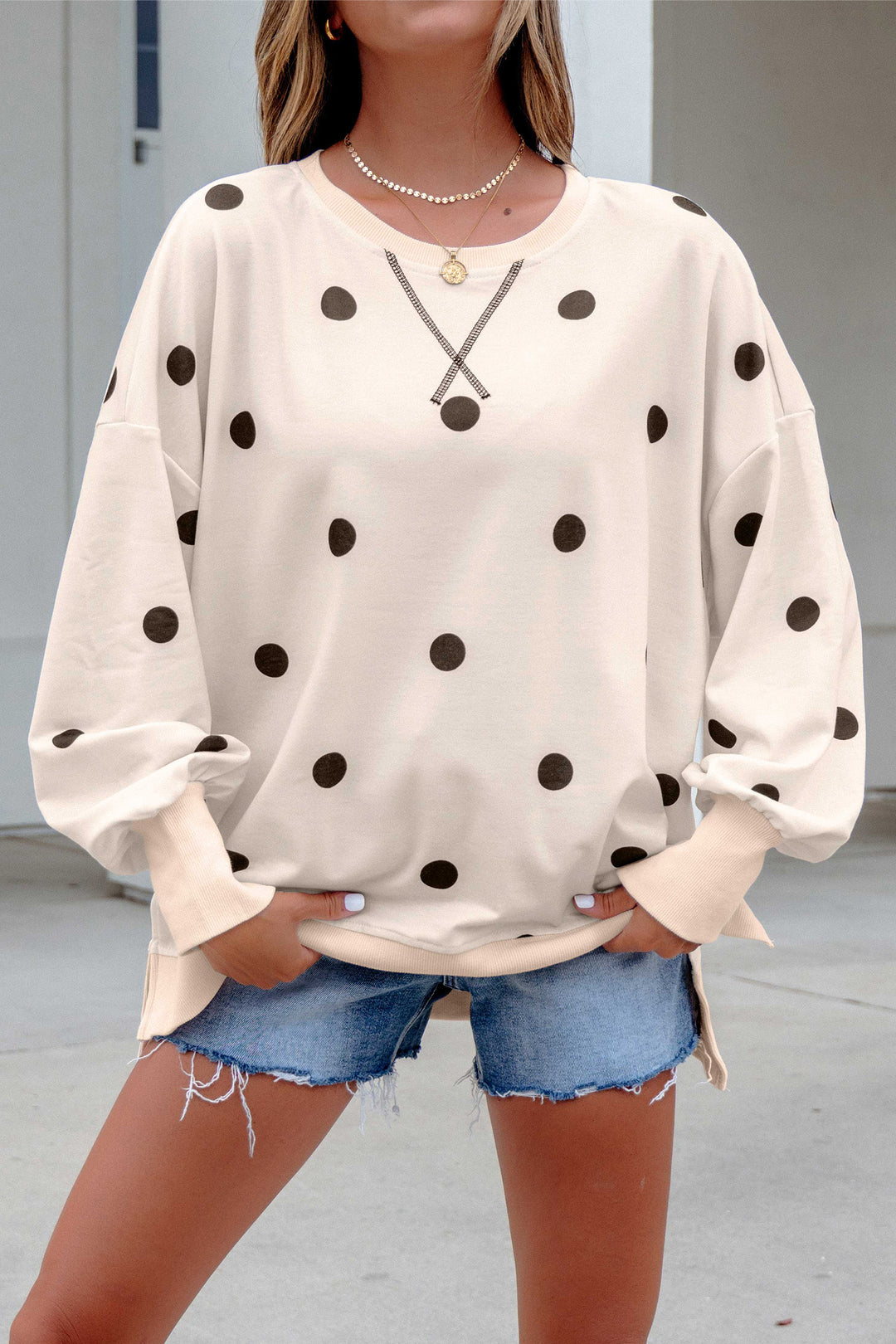 Beige Polka Dot Loose Long Sleeve Split Hem Pullover Top