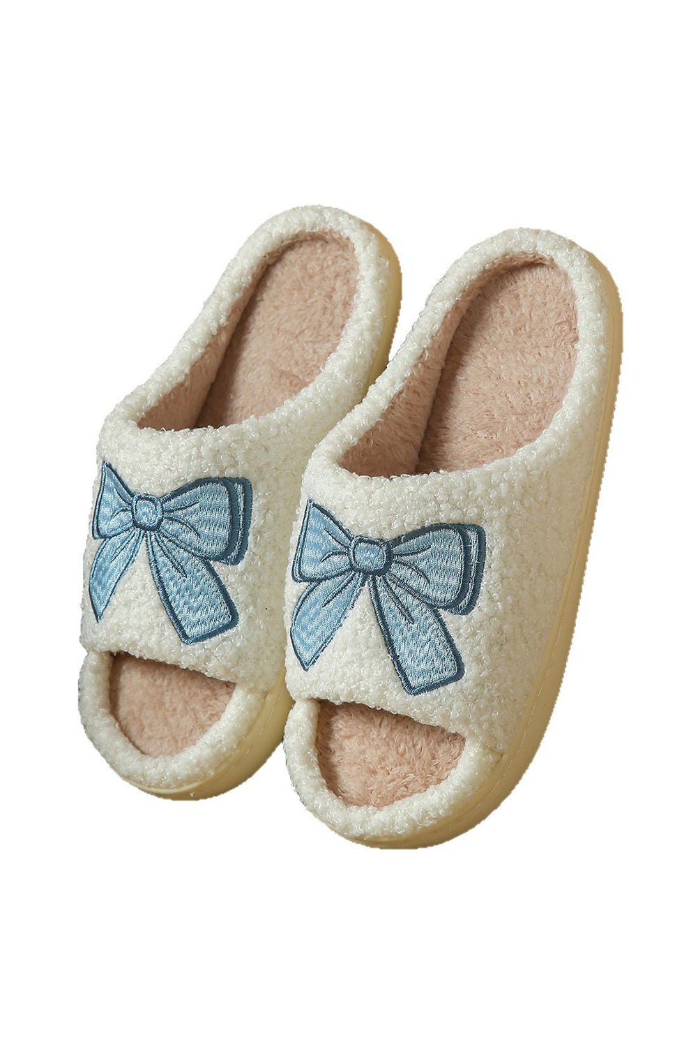 Bow Embroidered Open Toe Plush Slippers