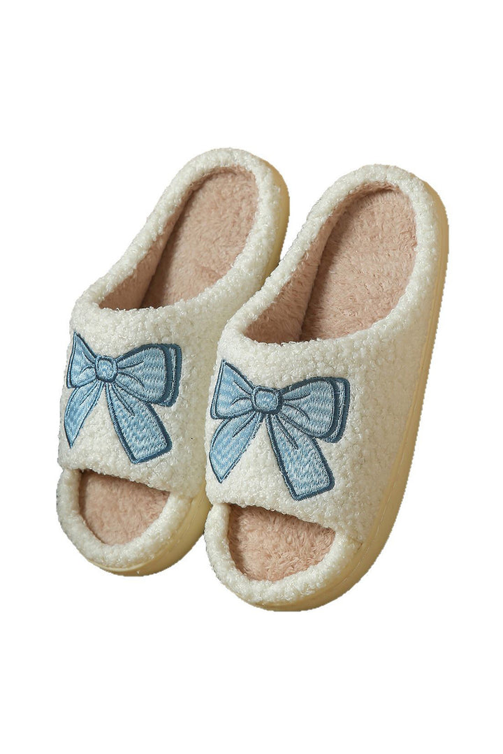Bow Embroidered Open Toe Plush Slippers