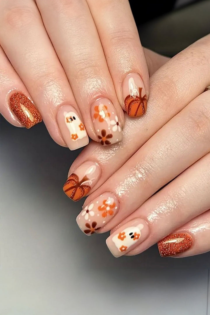 Faux ongles carrés pailletés motif fleur fantôme d'Halloween