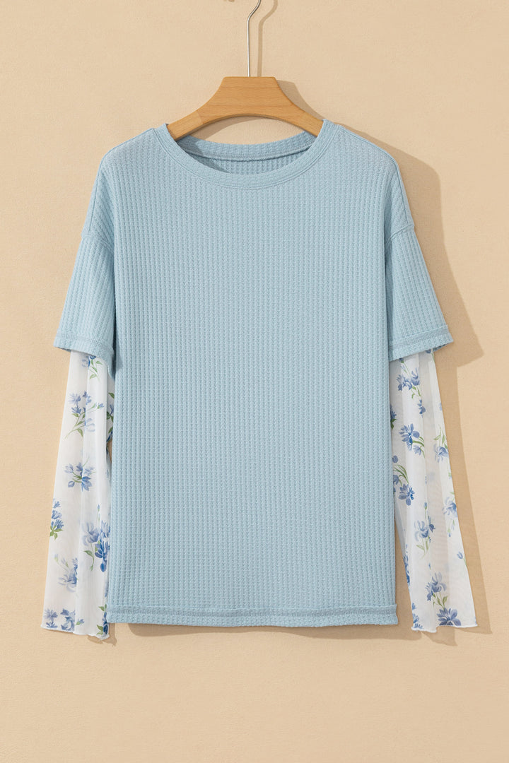 Beau Blue Floral Lace Sleeve Patchwork Waffle Fake Two-piece Top