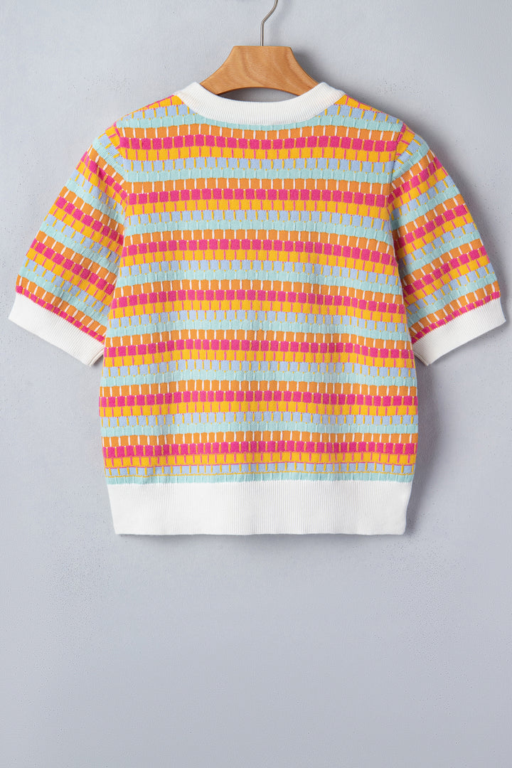 Orange Abstract Striped Knit Short Sleeve Sweater