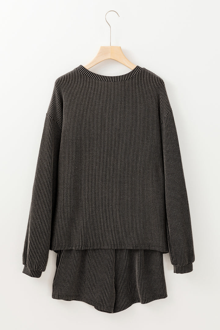 Carbon Grey Corded Knit Long Sleeve Top and High Waist Shorts Set
