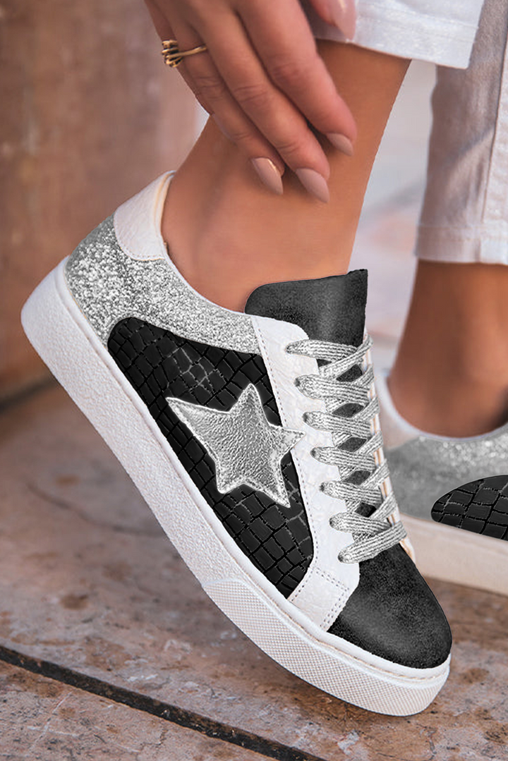 Schnür-Sneakers aus PU-Leder mit Glitzerstern-Patchwork 