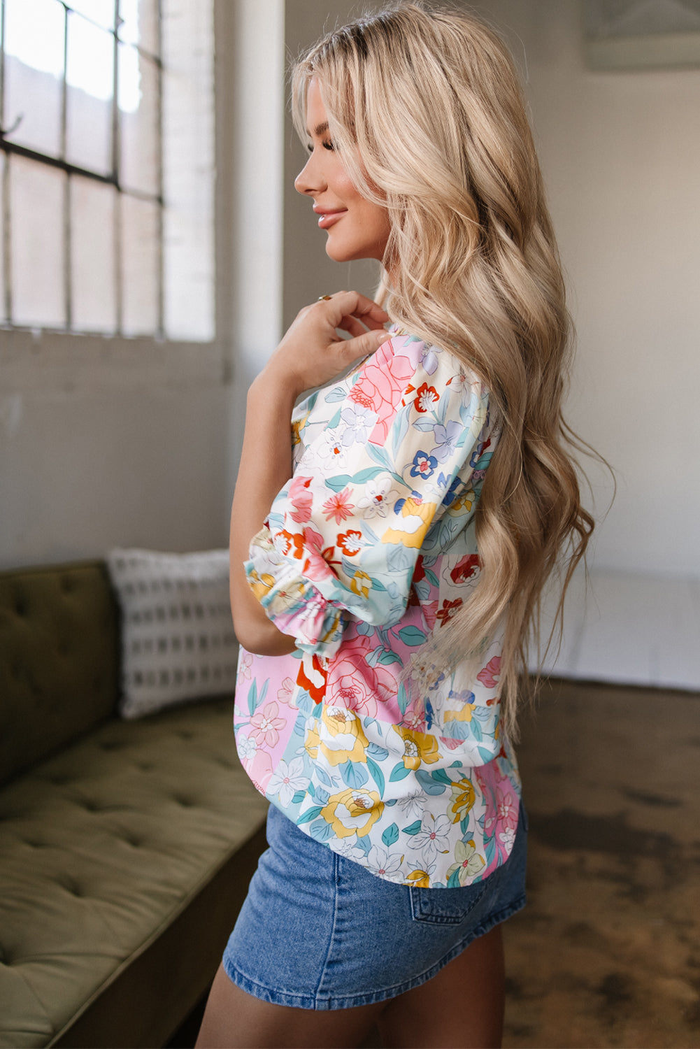 Boho Flower Print Half Puff Sleeve Blouse