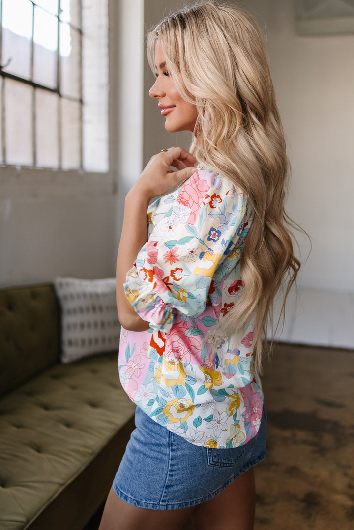 Boho Flower Print Half Puff Sleeve Blouse