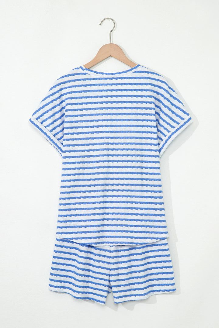 Sky Blue Stripe Knitted Short Sleeve Top and Drawstring Shorts Set