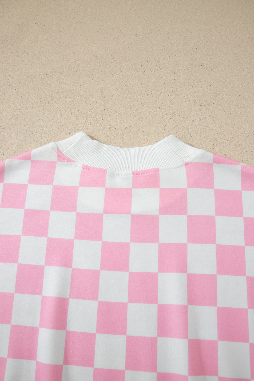 Pink Checkered Print Color Block Trim Mock Neck Short Set