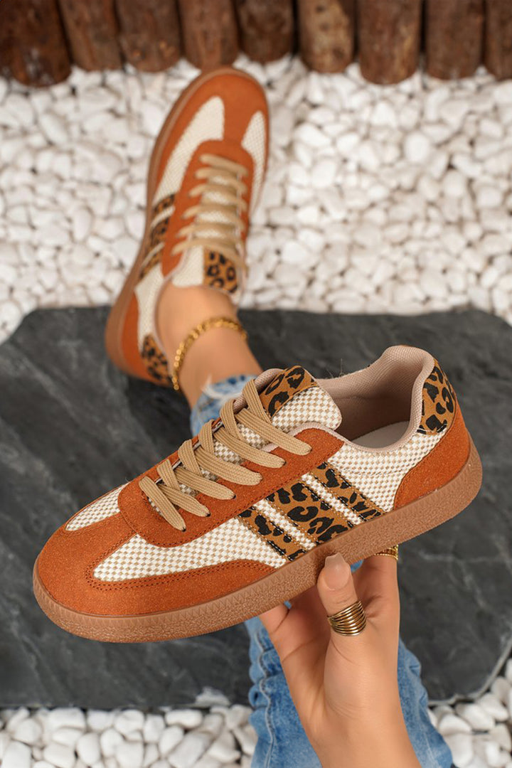 Checkered Leopard Color Block Patchwork Lace Up Sneakers