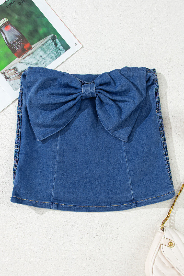 vintage bow front smocked back denim tube top