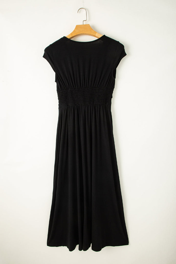 Short Sleeve Shirred High Waist V Neck Maxi Dress