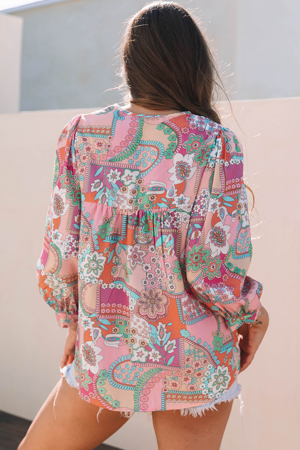 Boho Floral Bubble Sleeve Tassel Tied Neck Pleated Blouse