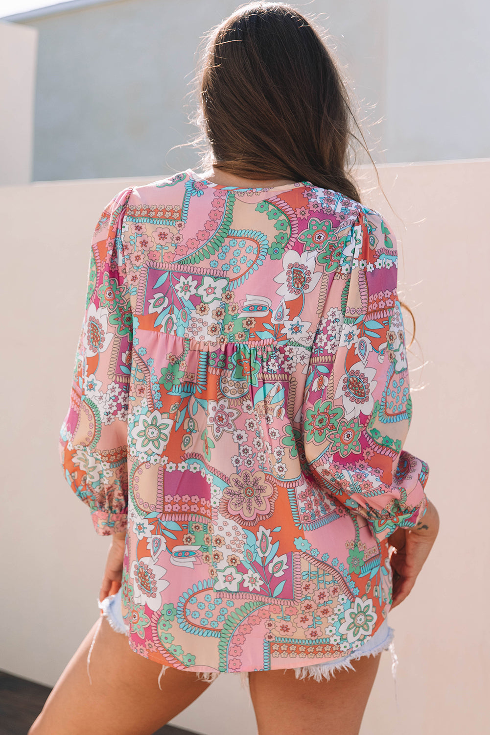 Boho Floral Bubble Sleeve Tassel Tied Neck Pleated Blouse