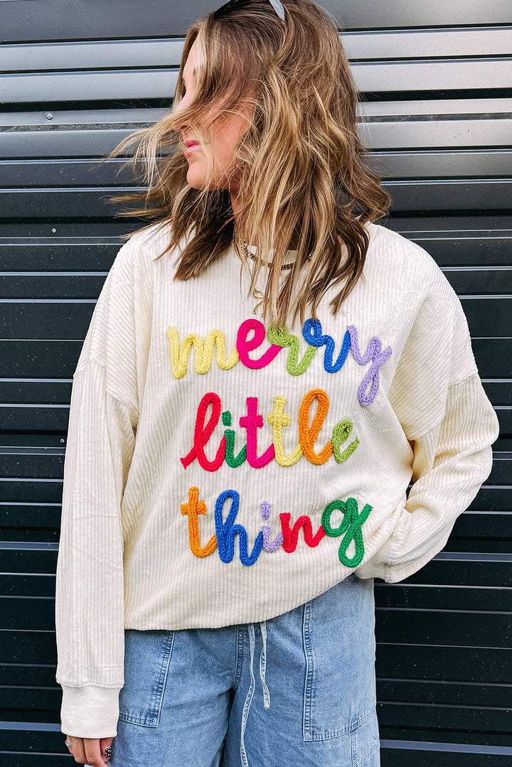merry little thing Corded Letter Graphic Ribbed Loose Sweatshirt