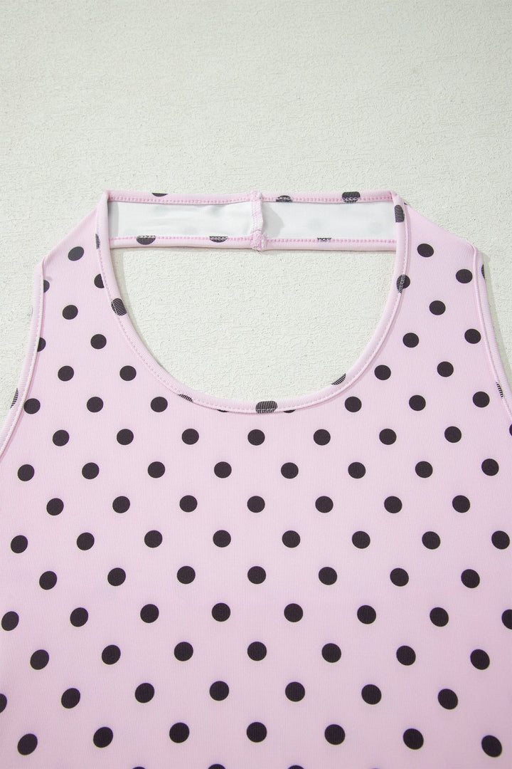 Pink Polka Dot Halter Tank Drawstring Elastic Waist Short Set