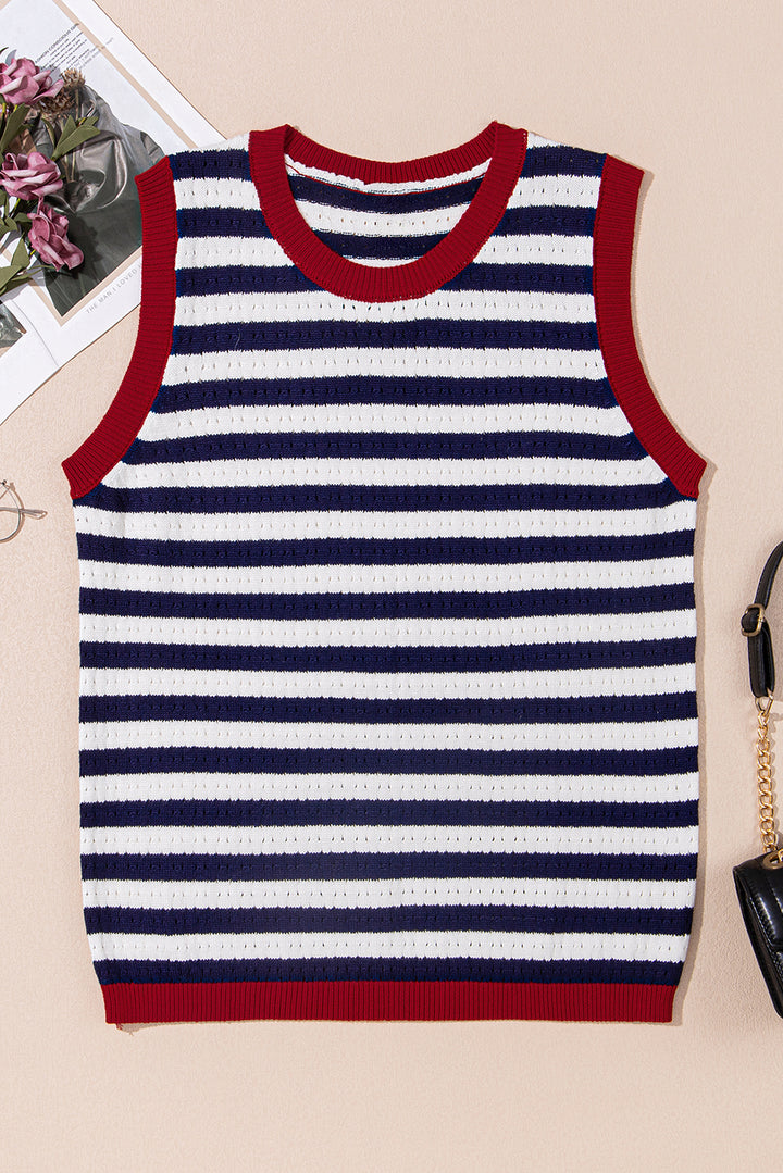 Navy Stripe Pointelle Knit Contrast Trim Sleeveless Sweater Top
