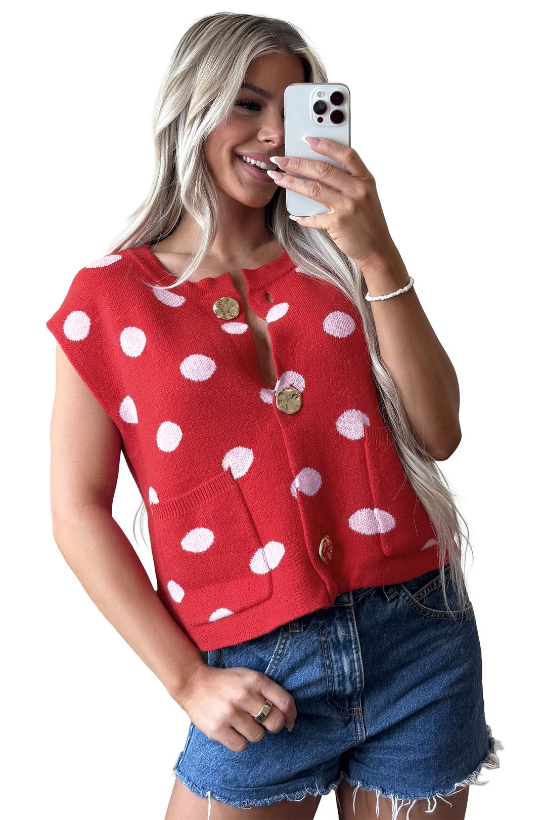 Red Polka Dot Sleeveless Knit Button Drop Shoulder Sweater Vest