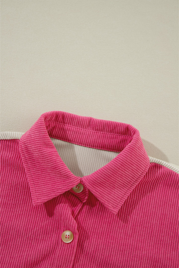 Rose Red Colorblock Curved Hem Corduroy Shacket