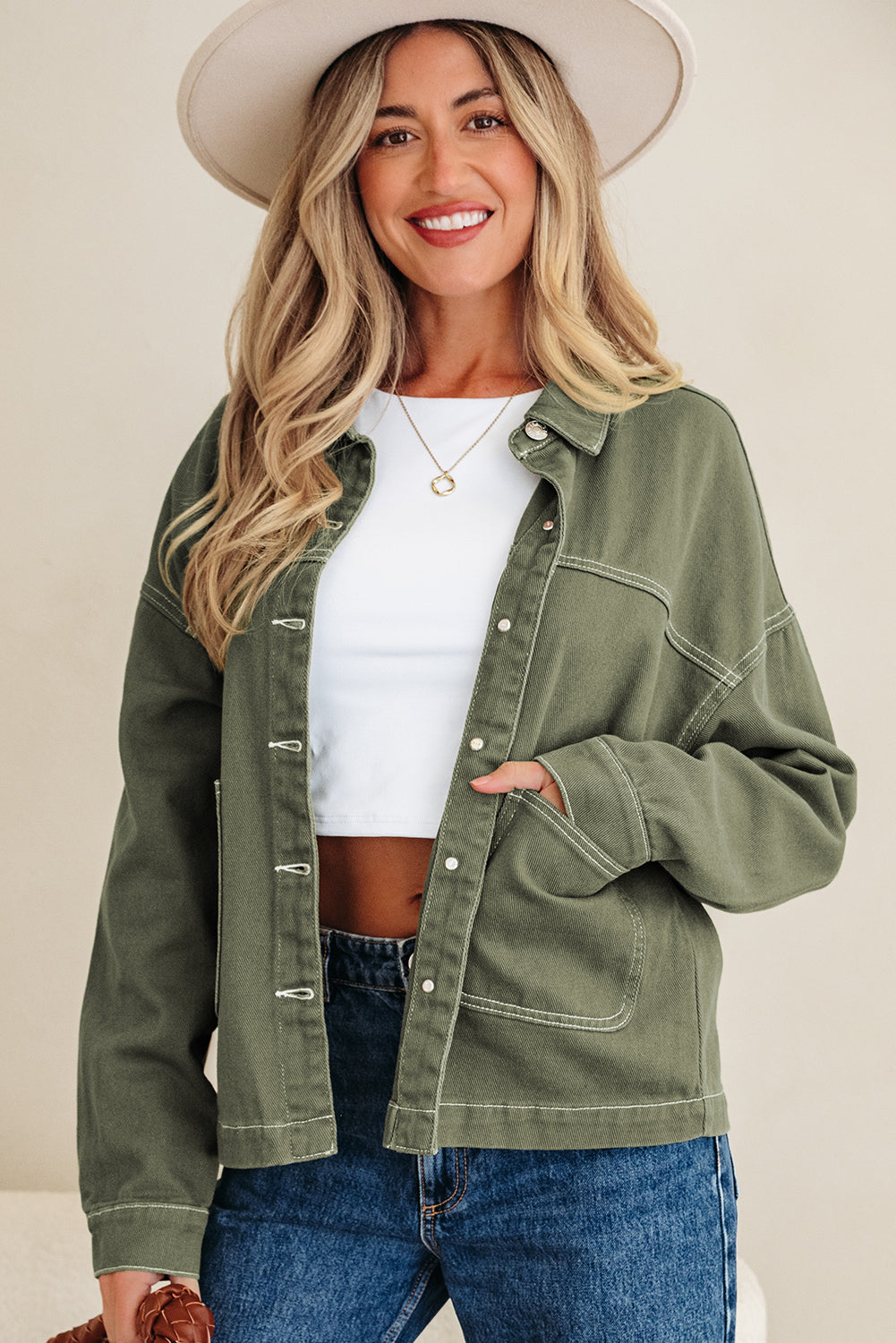 Patched Pocket Collared Button Front Boyfriend Denim Jacket