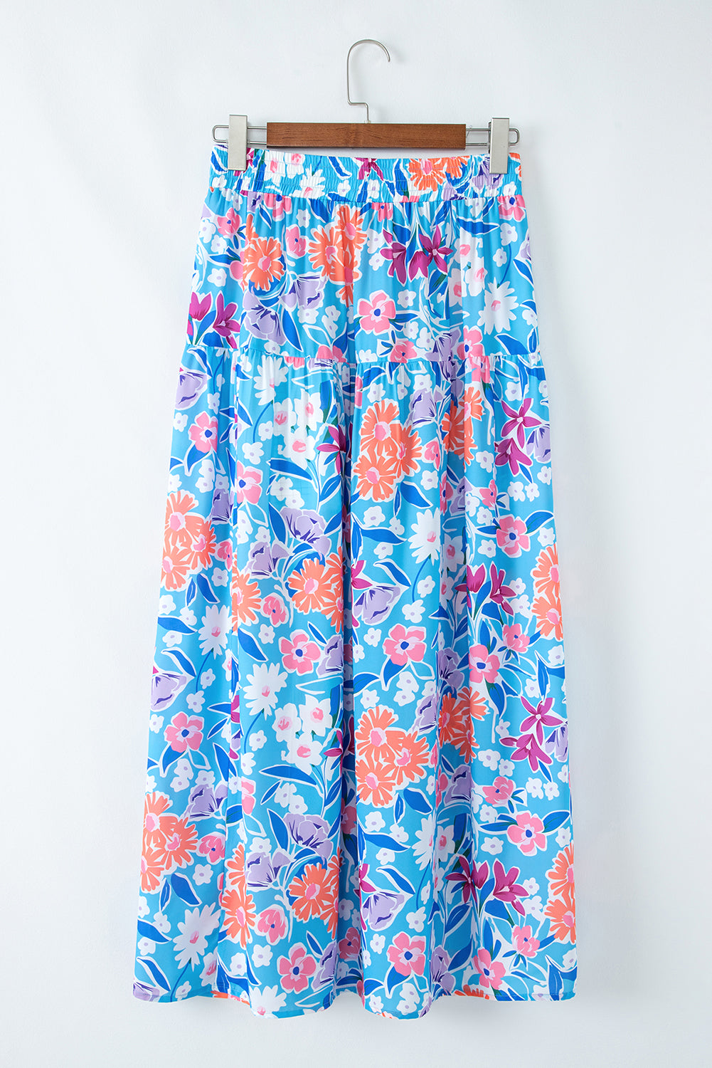 Chic Sky Blue Floral Printed High Waist Split Wrap Long Skirt