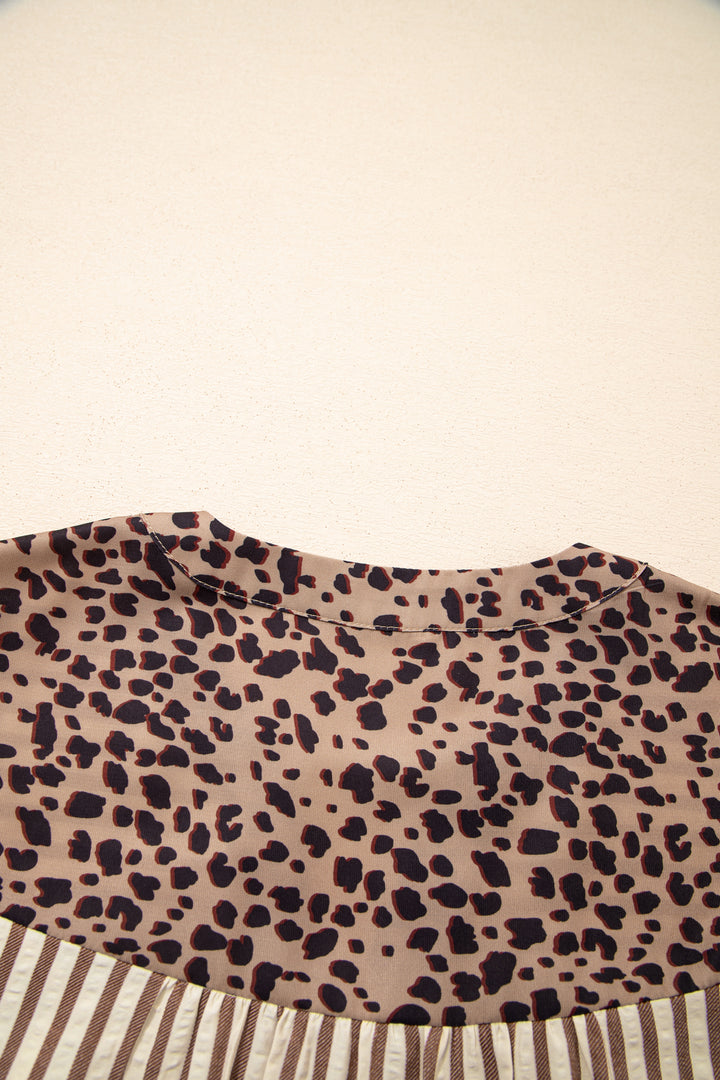Square Button Leopard Trim Loose Bracelet Sleeve Shirt Dress