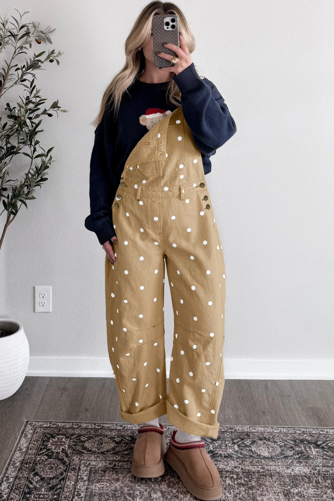 Light French Beige Polka Dot Print Bib Pocket Denim Barrel Overalls Jumpsuit