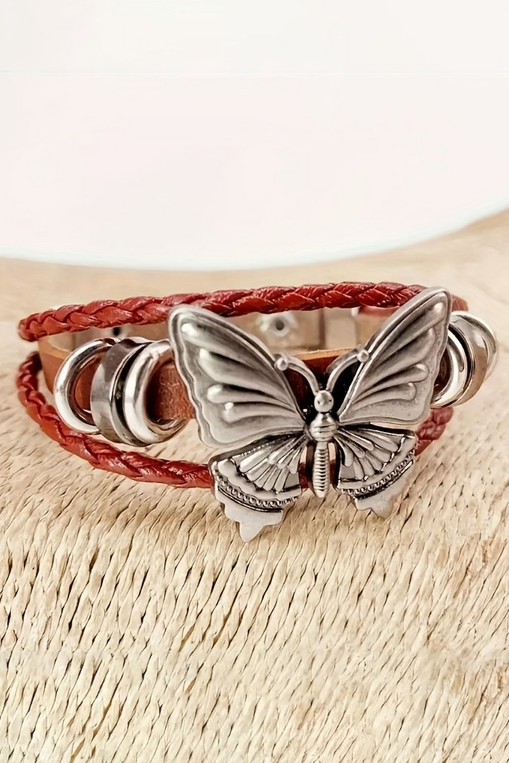Bracelet à bouton-pression tressé en similicuir exotique avec décor papillon rétro 