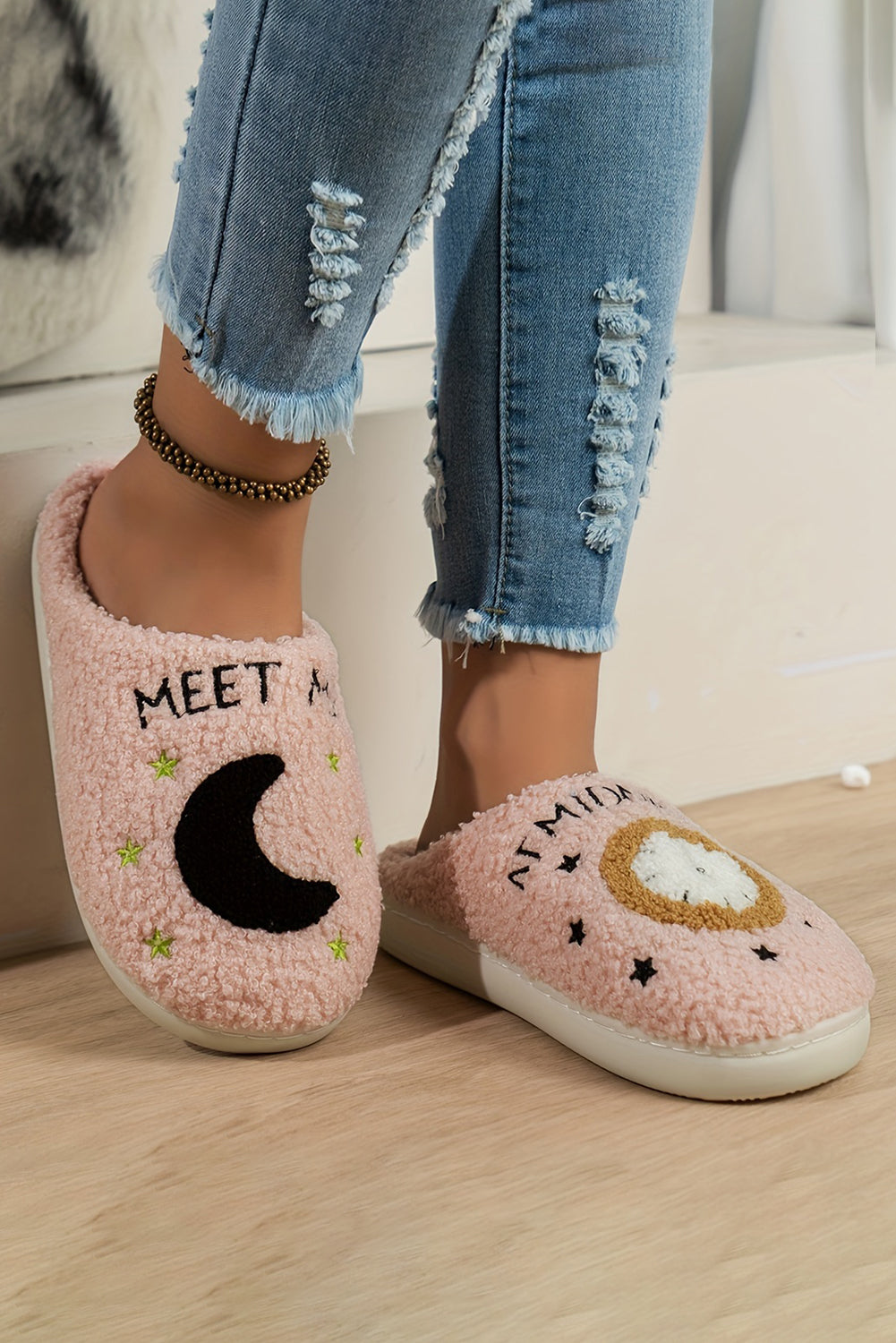Moon & Clock Pattern Fuzzy Home Slippers