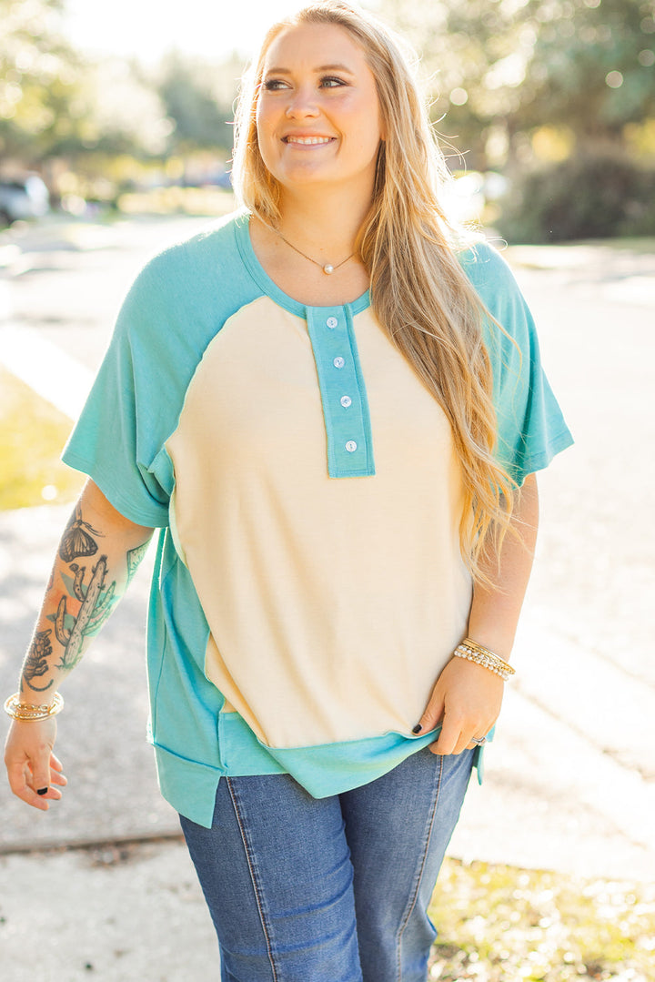 Color Block Raglan Sleeve Buttoned Plus Size T Shirt