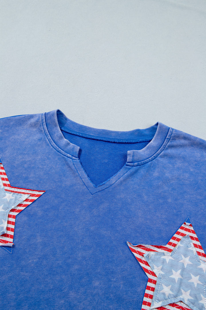 Sky Blue Patriot Star Patched Notched Neck Mineral Washed Tee