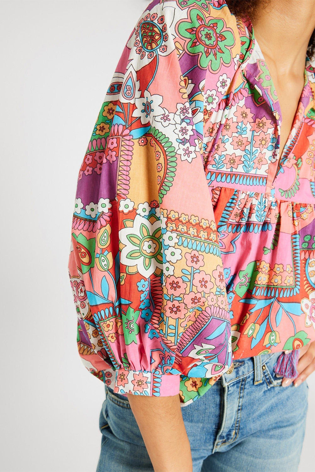 Boho Floral Bubble Sleeve Tassel Tied Neck Pleated Blouse